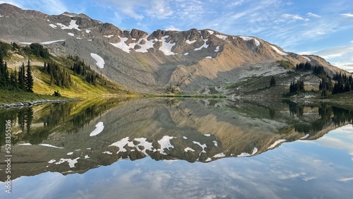 Mountain reflected in calm lake 