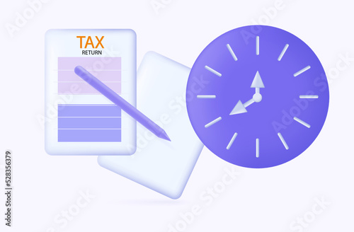 Time to complete the tax return 3d. Clock with final annual report or financial document. Deadline, savings, profit, income. Filling out information on time. Vector banner, accounting audit concept.