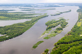 Aerial view of Volga river on sunny summer day. Elshanka village, Saratov Oblast, Russia.