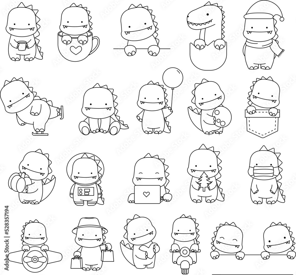 Cute dinosaur cartoon character Big set outline hand drawn style, for