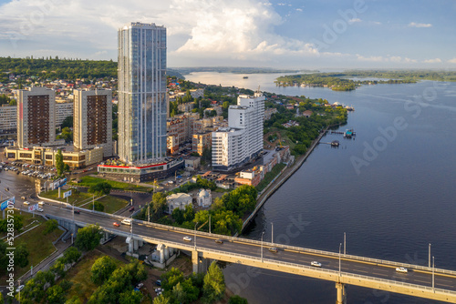 Aerial view of Saratov, Elena Skyscraper and the bridge across Volga, Russia.