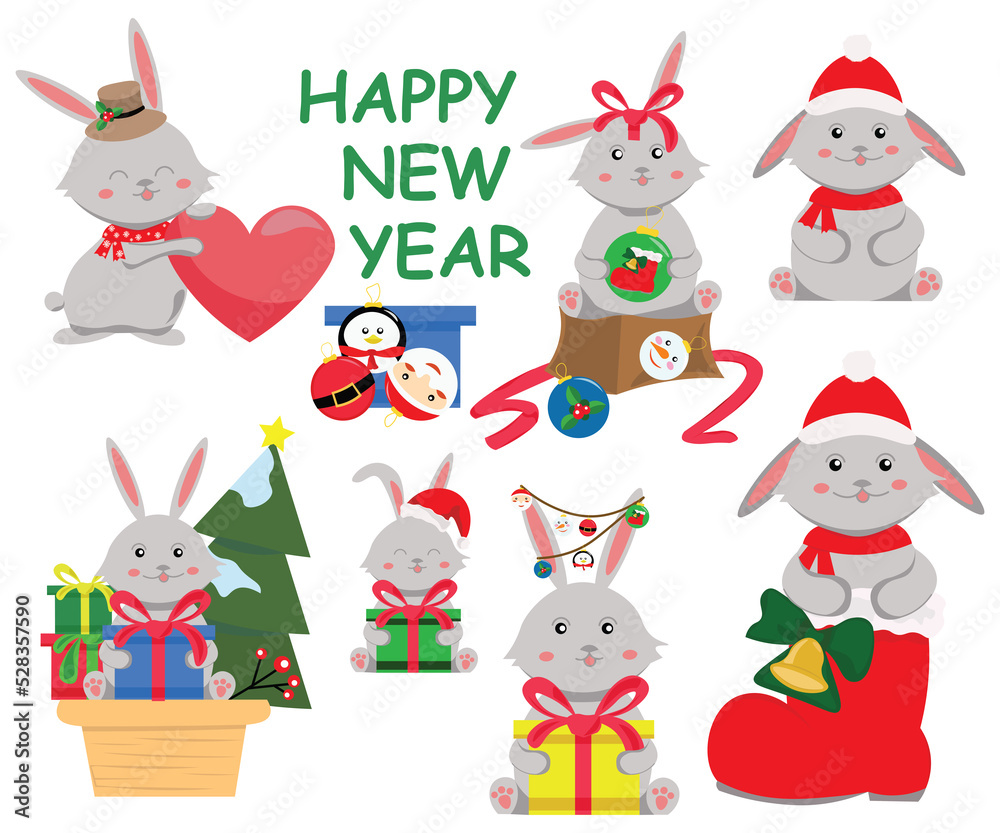 winter holiday new year christmas set rabbit