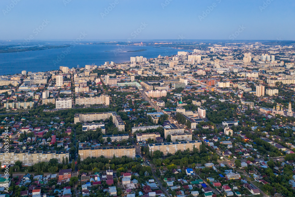 Aerial view of Saratov before sunrise. Saratov Oblast, Russia.