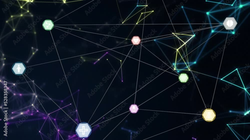 Animation of network of connections with digital icons floating over geometric figures Animation of network of connections with digital icons floating over geometric figures