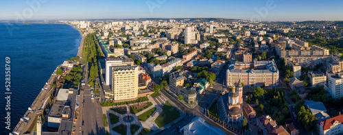 Panoramic aerial view of Saratov on sunny summer morning. Volga, Russia.