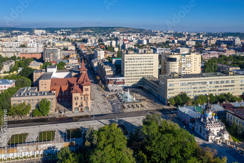 Aerial view of the Conservatory, Melody fountain and Quench My Sorrows church on sunny day. Saratov, Russia.