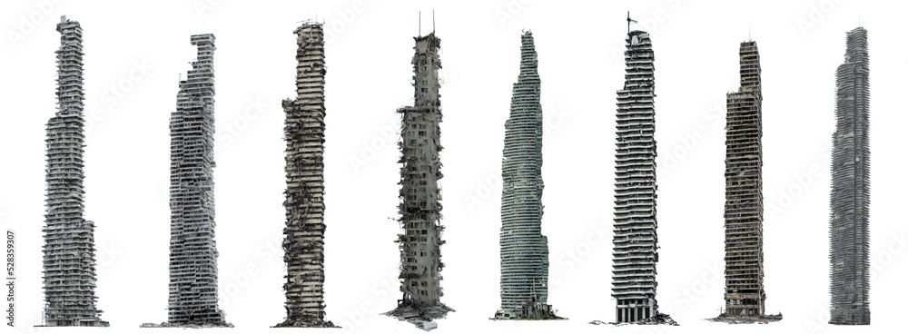 set of ruined skyscrapers, tall post-apocalyptic buildings isolated on white background - obrazy, fototapety, plakaty 