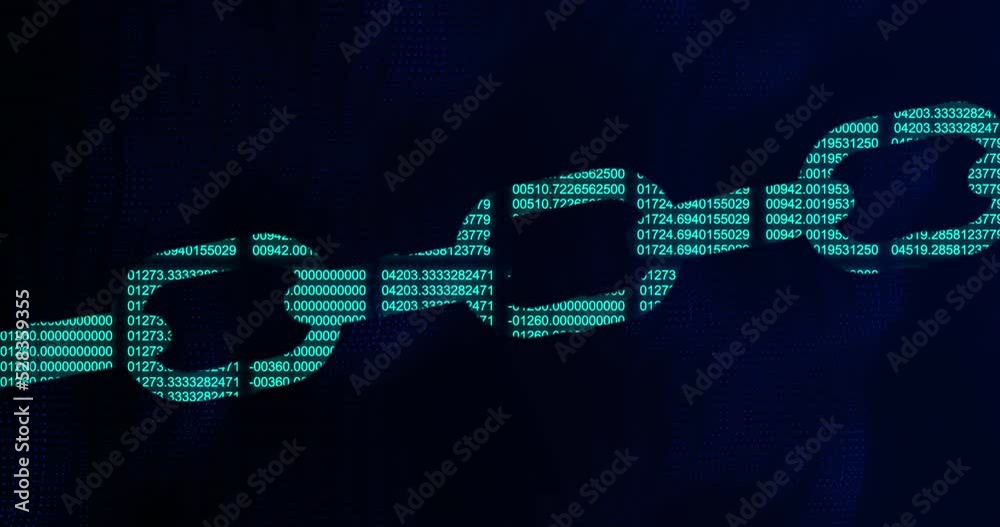 Animation of digital computer interface with data and numbers processing and chain links on green gl Animation of digital computer interface with data and numbers processing and chain links on green gl