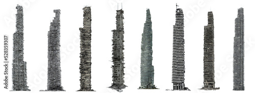 Obraz na płótnie set of ruined skyscrapers, tall post-apocalyptic buildings isolated on white background w salonie