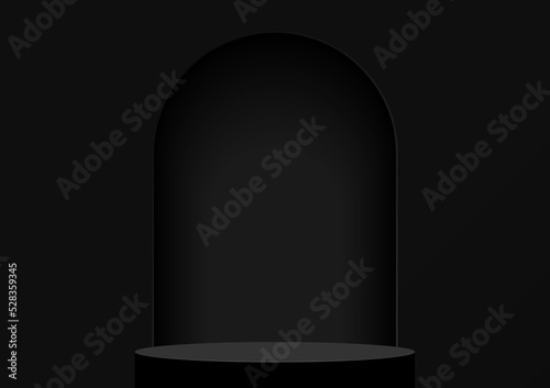 Black podium with arch shape wall background. Empty pedestal for advertising, product display on black background. Minimal simple style. Vector illustration.