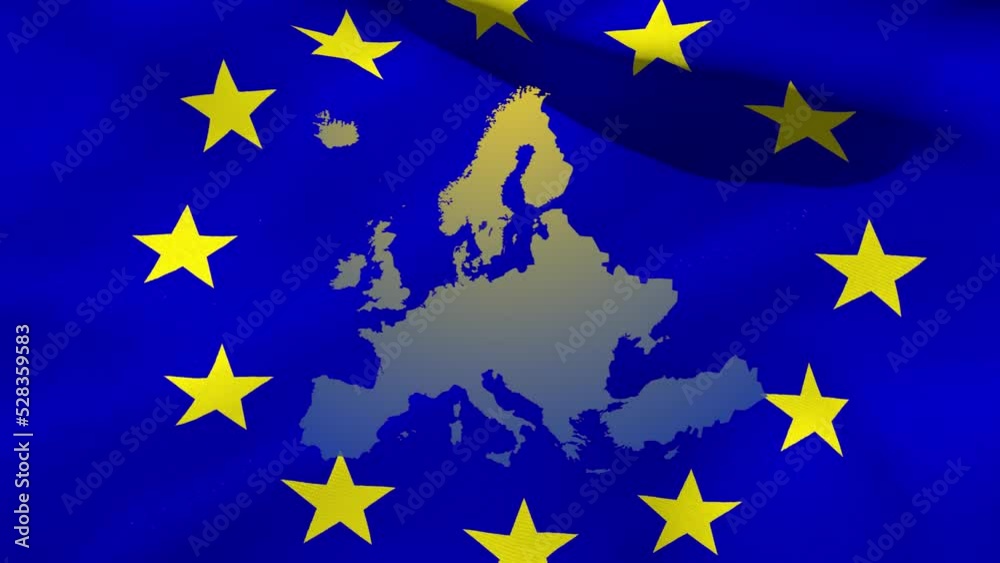 Animation of waving blue waving flag with world map over a circles of yellow stars Animation of waving blue waving flag with world map over a circles of yellow stars
