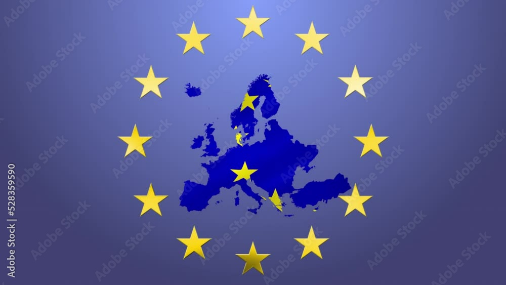 Animation of yellow stars moving on blue world map and in a circle of yellow stars Animation of yellow stars moving on blue world map and in a circle of yellow stars