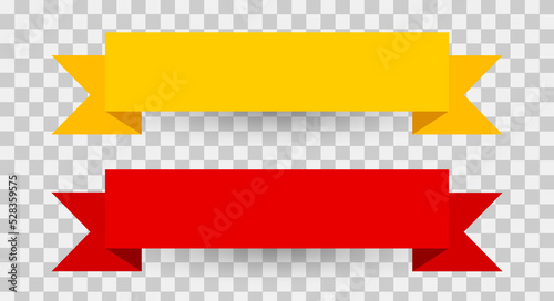 Red and yellow ribbon banners template with shadow. Flag shaped tips. 3D realistic vector illustration isolated on transparent background.