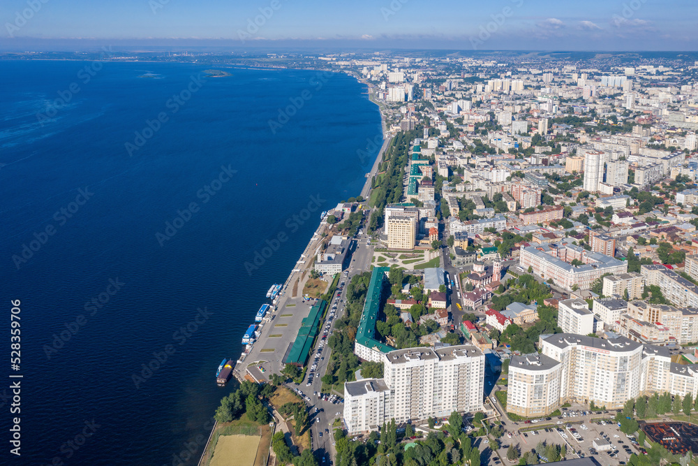 Aerial view of Saratov and Volga on sunny summer day. Saratovskaya Oblast, Russia.