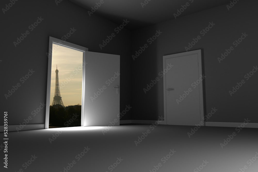 Fototapeta premium Eiffel Tower against sky seen from open door 
