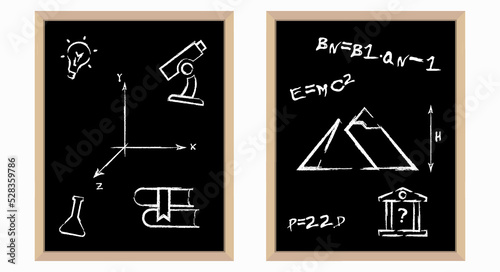 Black board with mathematical formulas and graphs. School board in a wooden frame. 3D realistic vector illustration.