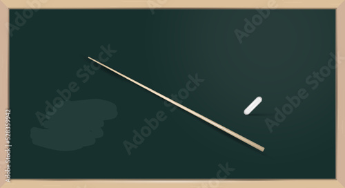 Green dirty chalkboard with chalk and teachers pointer. School board in a wooden frame. 3D realistic vector illustration.