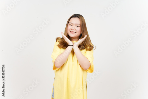 Happy Smile and Looking to the camera of Beautiful Asian Woman wearing yellow T-Shirt