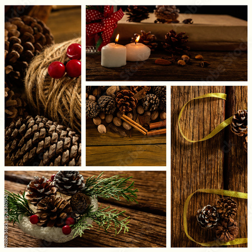 Candle and pine cone on wood table 