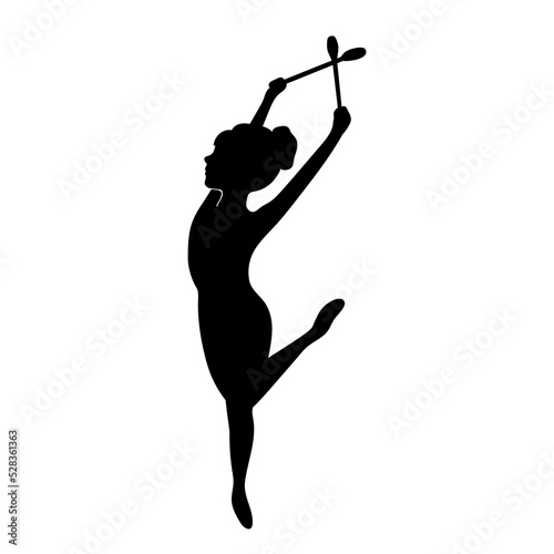 Silhouettes of girl, Girl gymnast athlete with clubs isolated on white background