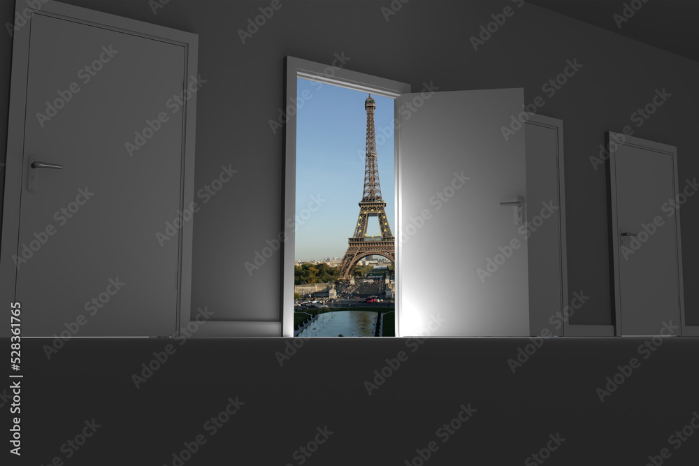 Fototapeta premium Eiffel Tower seen from open door