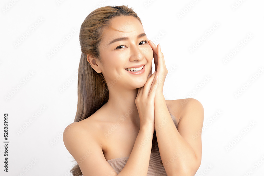 Happy beautiful young asian woman clean fresh bare skin concept. Asian girl beauty face skincare and health wellness, Facial treatment, Perfect skin, Natural make up. Isolated on white background.