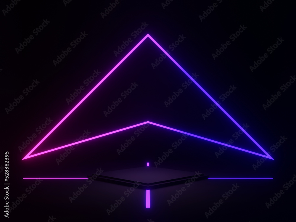 3D black geometric podium with blue and purple neon lights.
