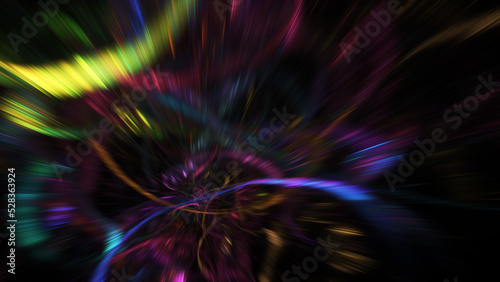 Abstract yellow and purple blurred rays. Fantastic holiday background. Digital fractal art. 3d rendering.