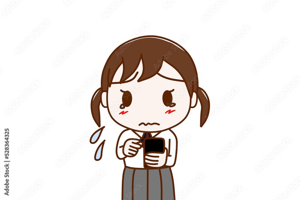 (上半身正面)スマホの画面を見て操作し、涙目になる女子学生 (上半身正面)スマホの画面を見て操作し、涙目になる女子学生