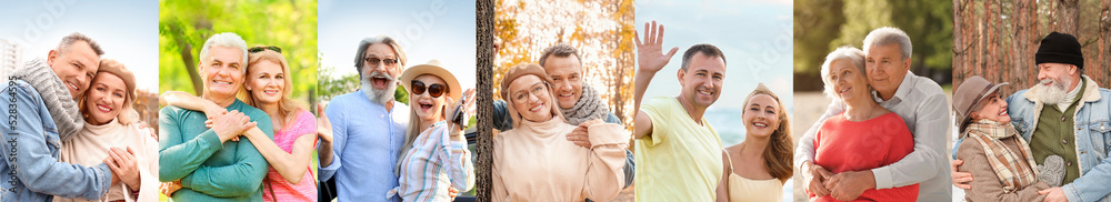Collage with happy mature and elderly couples outdoors Collage with happy mature and elderly couples outdoors