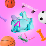 Bag with sports equipment on white background