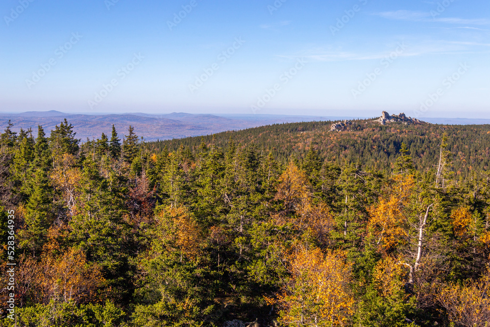 View from the top of mountain Yurma. Taganay national Park. South Ural, Chelyabinsk region, Russia