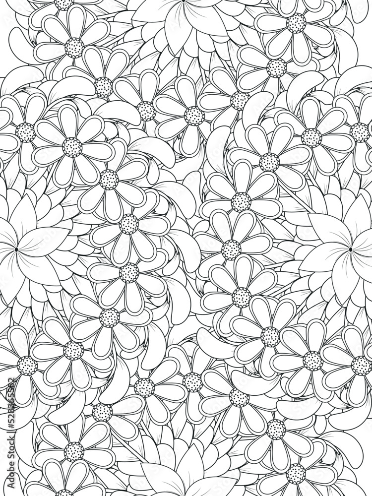 Flowers coloring book page. Isolated on white background. Doodle drawing anti-stress coloring books page for adults or children. Flat  Illustration