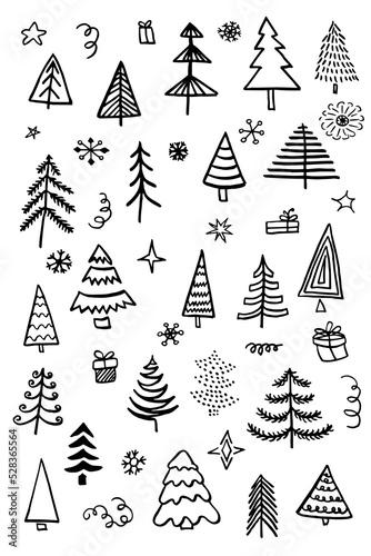 cute doodle abstract conifer pine fir christmas needle trees collection, set