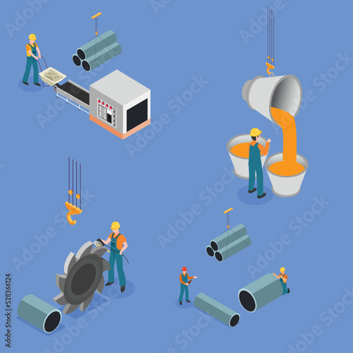 Steel Workers in Metallurgy Process isometric 3d flat vector illustration concept for banner, website, landing page, ads, flyer template, etc