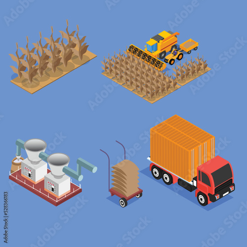 Wheat field harvesting farming industry isometric 3d flat vector illustration concept for banner, website, landing page, ads, flyer template, etc