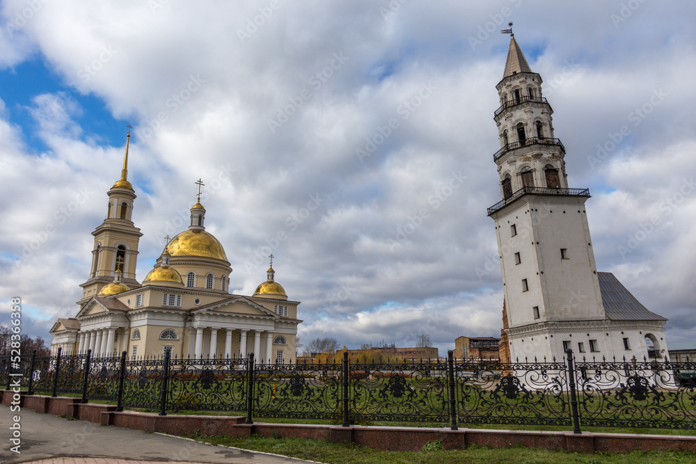 Spaso-Preobrazhensky Cathedral and leaning tower of Nevyansk. Nevyansk city, Sverdlovsk oblast, Russia