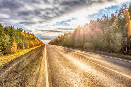 Beautiful autumn sunny road from Yekaterinburg to Nizhny Tagil (to Verkhoturye). Sverdlovsk region, Russia