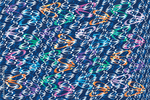 bright neon overlay graphic with purple and blue background and colorful pairs of ballet shoes in a tile pattern