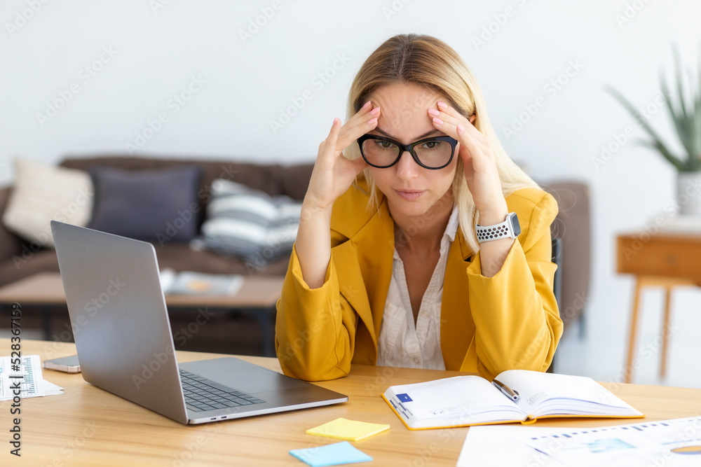 Overwork Depression Tired stressed caucasian businesswoman having headache, feeling sick ...