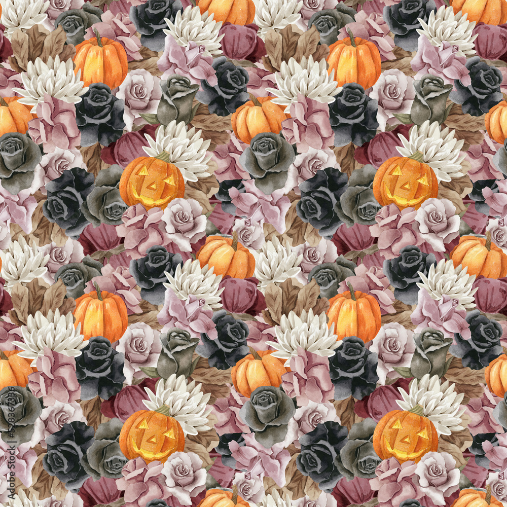 Fototapeta premium Watercolor seamless patterns for halloween with pumpkins and dark flowers. Black background. Perfect for Halloween illustrations.