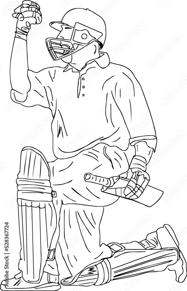 Outline sketch drawing Cricket player doing celebration, Cricket match