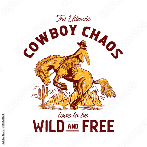 Cowboy vintage hand-drawn illustration - cowboy chaos in desert illustration