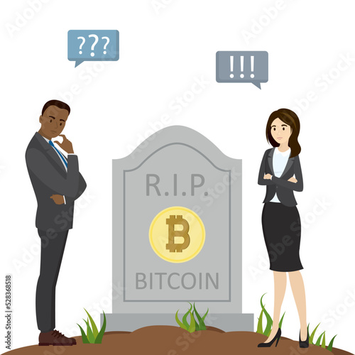 Crypto or bitcoin is dead, concept. Cryptocurrency crisis. Collapse of stock market or bitcoin. Upset traders mourn the demise and death of bitcoin. Tomb of blockchain technology.