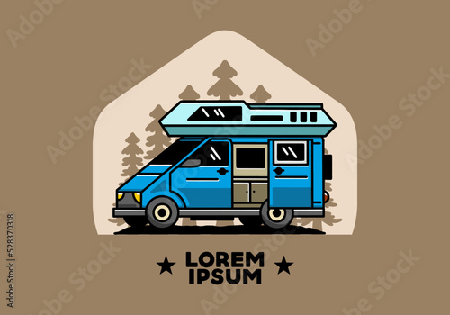 Big van with sliding door for camping illustration badge design