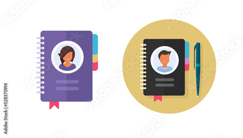 Contact book notepad icon vector or ring notebook spiral diary paper with address catalogue, pen and pencils clipart modern flat illustration image
