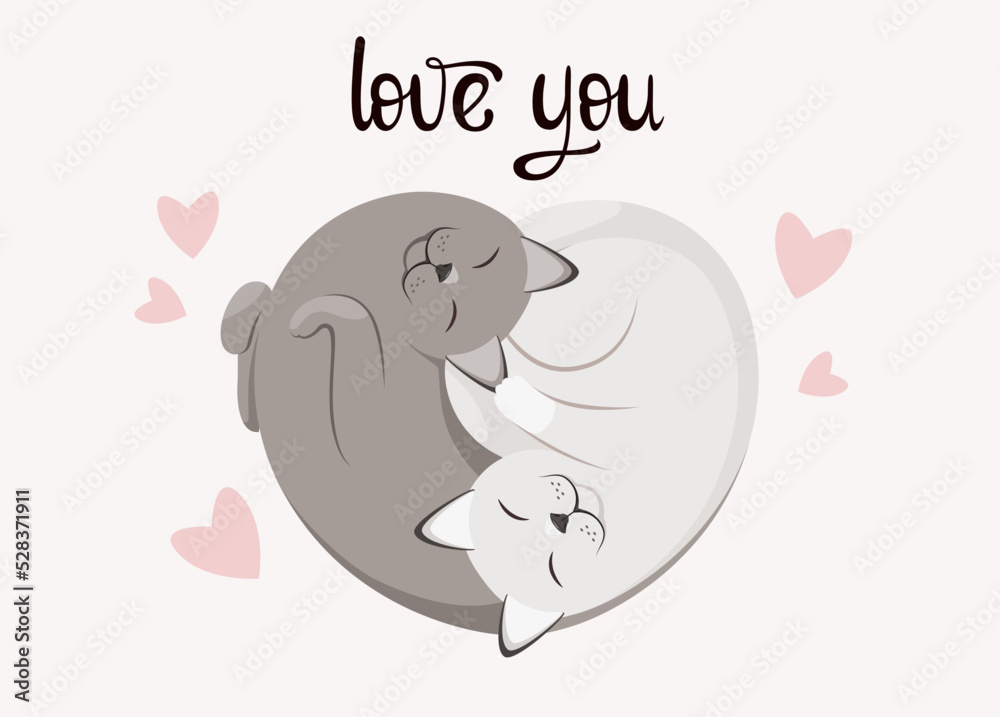 Card with cute cats. Love you. Cartoon design. Card with cute cats. Love you. Cartoon design.