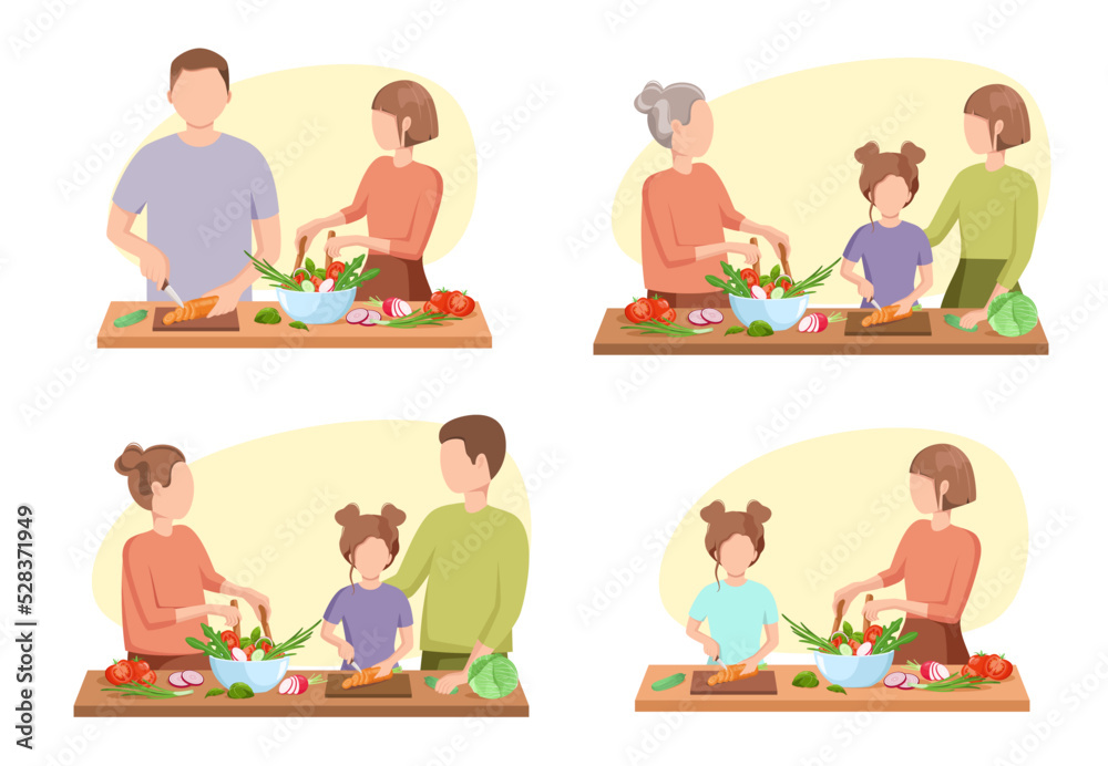 The family cooks healthy food. A set of illustrations. Cartoon design.
The family cooks healthy food. A set of illustrations. Cartoon design.