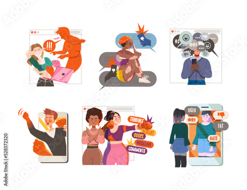 Victim of Cyberbullying Suffering from Violence and Hatred from Social Media Vector Illustration Set