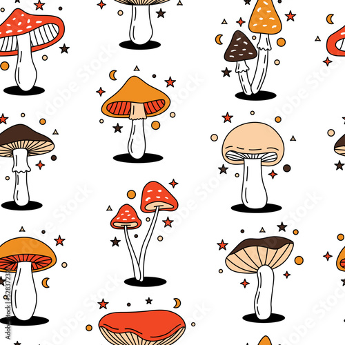 Mushrooms seamless pattern. Colored mushrooms background. Mushroom hand drawn pattern